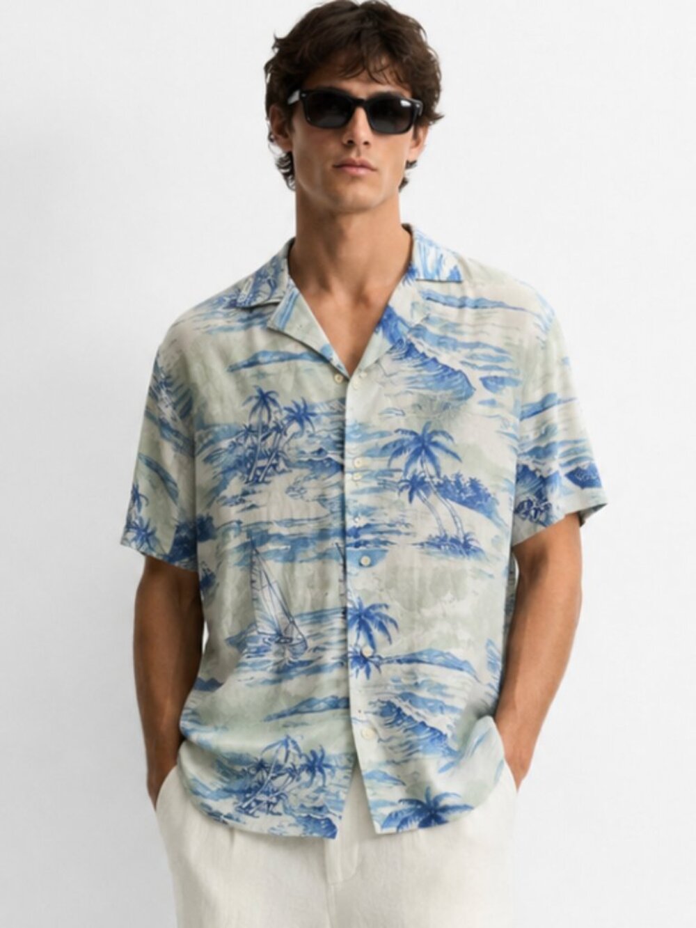 Zara Men's Tropical Button Down Cotton & Linen Short Sleeve Top Blue White XL